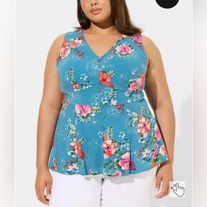 Torrid Womens Top 1X Plus Tank Blue Floral Faux Buttons Tie Back